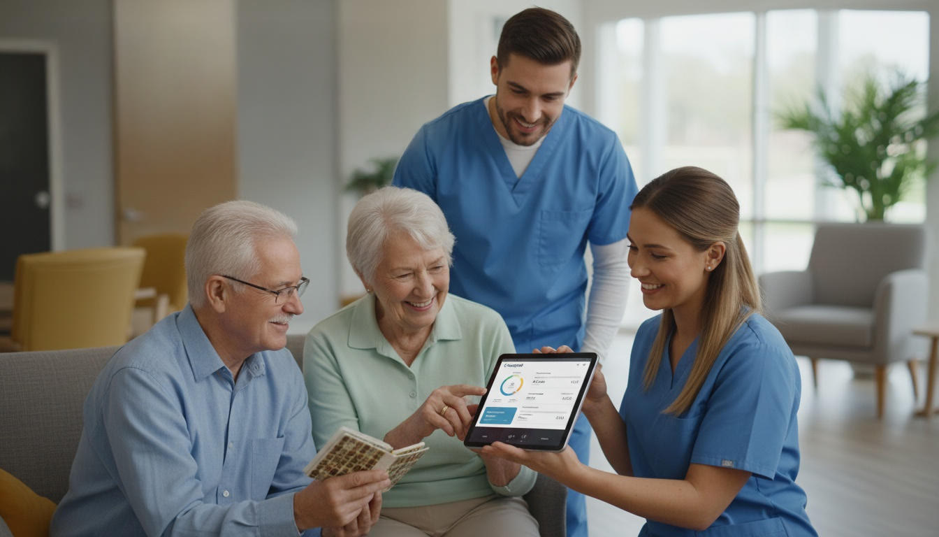 A care worker reviewing resident account details on a tablet with residents